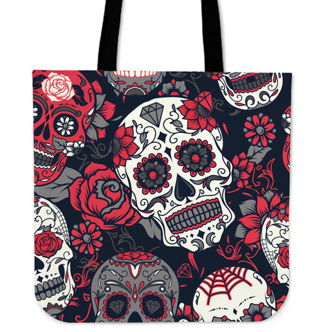Skull With Roses Tote Bag Red