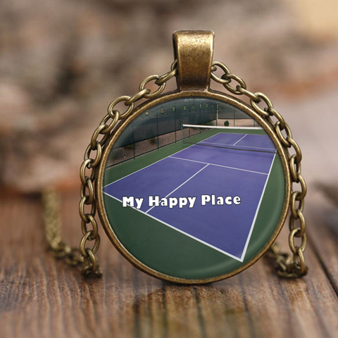 Bronze chain link necklace with Pickleball Court Pendant with My happy Place printed on it